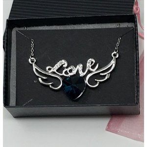 Angel Wing Heart LOVE Pendant Necklace Royal Blue Crystal 18" Valentines Day